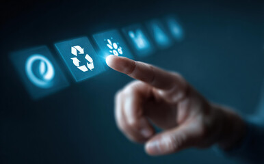 Hopeful business concept showing finger touching sustainability technology icon for environment. person choosing to recycle for green future with eco friendly choice