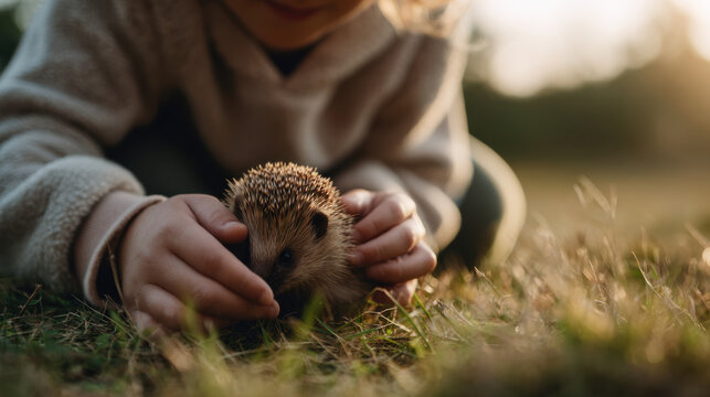 A child gently holding and petting a hedgehog in the grass symbolizing tenderness curiosity and connection with wildlife