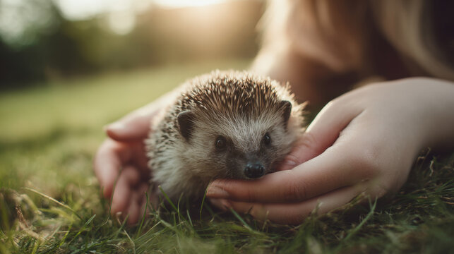 A close-up of a child protecting a hedgehog in warm sunlight capturing gentle care empathy and harmony with nature