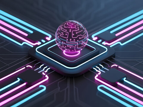 3D illustration of a glowing neural brain sphere on a processor with neon circuits, symbolizing AI, machine learning, and data processing. Artificial intelligence brain on futuristic processor chip

