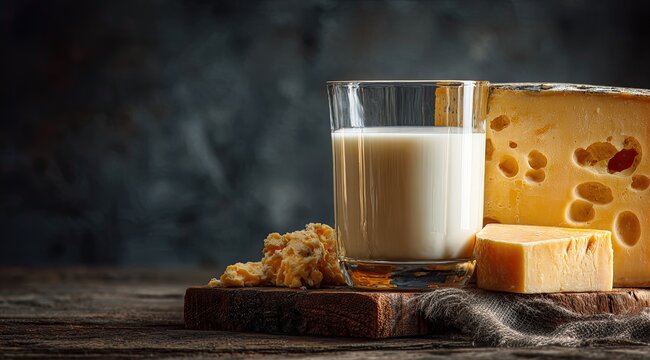 Glass of milk and assorted cheeses on rustic wooden board - Powered by Adobe