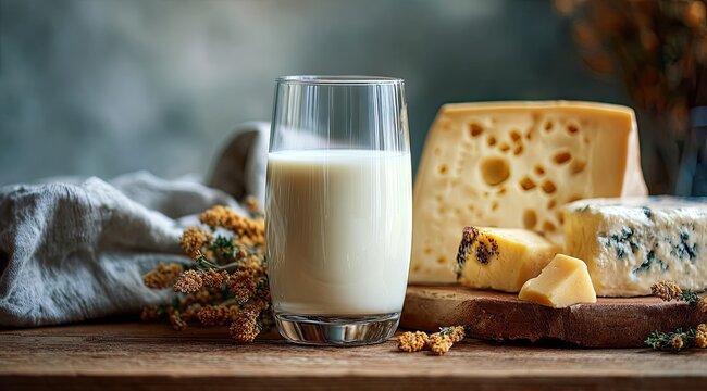 A glass of milk next to assorted cheeses on a wooden surface