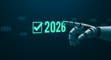 A futuristic view showcases a robotic hand selecting 2026, marking a significant technological or societal milestone. The scene captures the essence of progress.
