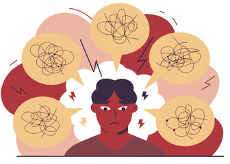 Fototapeta premium Overthinking Mind — multiple overlapping thought bubbles, tangled lines around head silhouette.