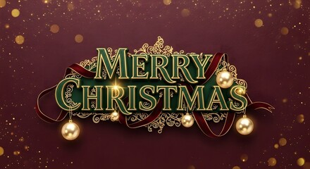 Elegant merry christmas text with glowing lights and festive bokeh on a deep red background