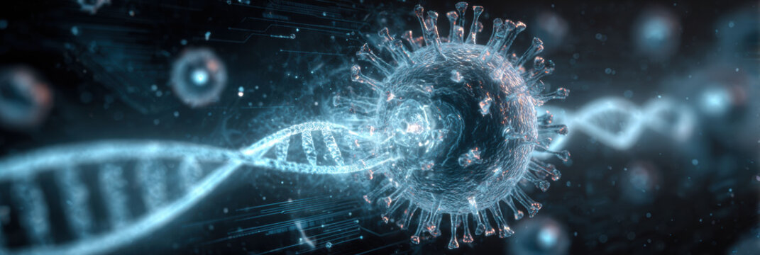 Serious medical science concept of dangerous virus infection impacting glowing DNA helix. Biology and genetic research of single cell microbe against dark background