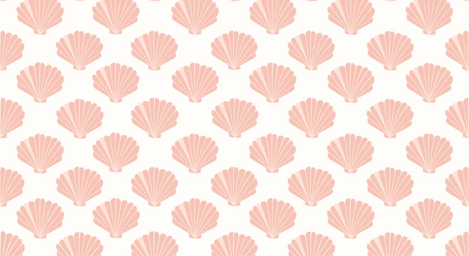 A seamless pattern of repeating light pink scallop shells on a cream background.