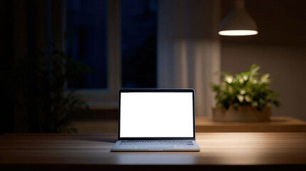 Laptop with blank white screen mockup sits on wooden desk in dark home office at night. quiet workspace provides calm atmosphere for focused work with technology