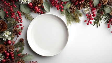 Festive white plate on a table decorated for the New Year with pine cones and Christmas tree branches
