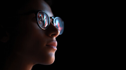Close up profile view of focused woman with glasses. bright screen with data and code reflects in lens. feeling of intense concentration in dark room