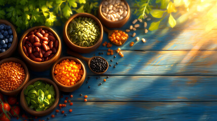 Colorful bowls of grains and legumes arranged wooden table, showcasing vibrant plant based