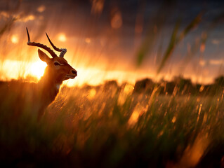 Majestic antelope silhouette against vibrant sunset, showcasing nature beauty and tranquility