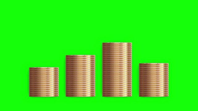Animated Gold Coin Stacks Growth Chart Green Screen.