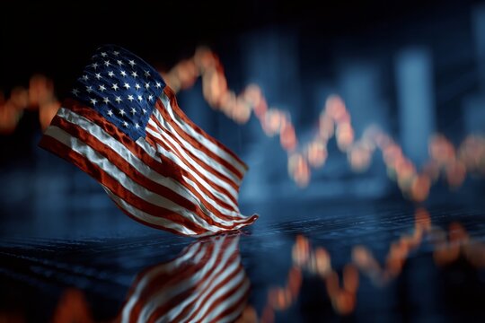 Economic turbulence illustrated: us flag and declining market graphs. Network connectivity. Navy blue downturn: us flag waving before plummeting stocks. Network traffic. Social connections.