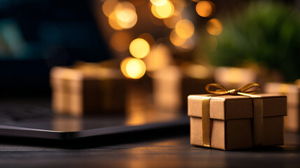 Small gift boxes with golden ribbons on dark surface, creating warm and festive atmosphere