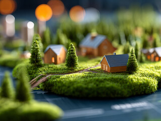 Rural sustainable initiatives being planned in community with miniature houses and greenery