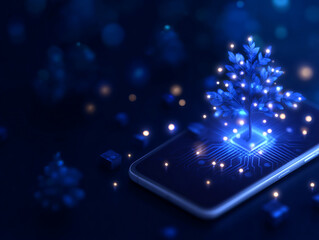 Digital technology integration with glowing tree emerging from smartphone, symbolizing growth