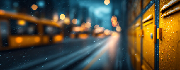 Smart locker delivery concept in busy urban area with rain and blurred lights