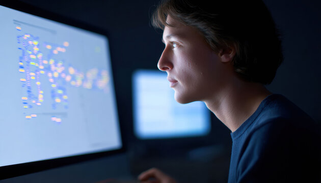 Focused young programmer working on computer screen in dark room. male developer analyzes complex data and network information on monitor late at night with intense focus