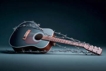 Symbolic acoustic guitar ensnared in sharp barbed wire representing artistic struggle, creative block, or musical confinement