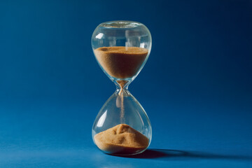 Watch time fly by as golden sand cascades through a classic hourglass, symbolizing urgency and the precious nature of every fleeting moment in a vibrant blue studio setting.