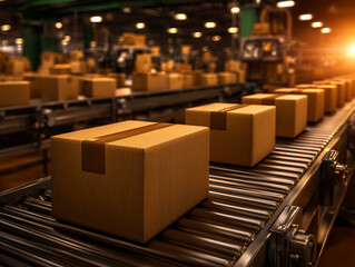 Sustainable packaging innovation in modern factory with cardboard boxes on conveyor belt