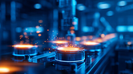 High tech manufacturing process with glowing elements and sparks in factory setting