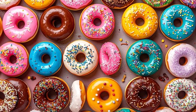 Assortment of colorful donuts with varied icing, toppings, and coffee beans on flat surface for editorial food photography dessert decor and poetic indulgence-themed visuals