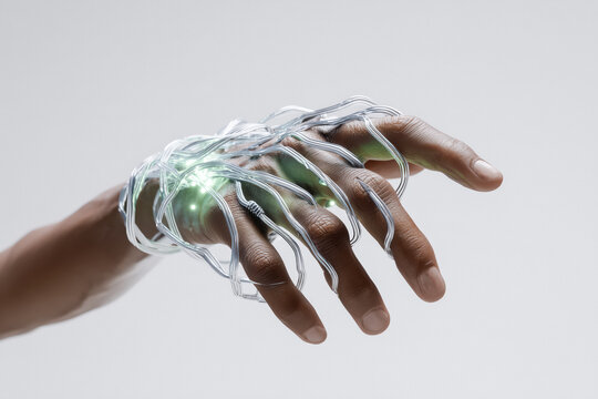 Futuristic cybernetic hand with glowing circuits symbolizing advanced technology, innovation, and the integration of man and machine