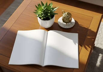 Interior Design Magazine Mockup on Coffee Table with Plants and Decor, Bright Natural Daylight, and Cozy Aesthetic