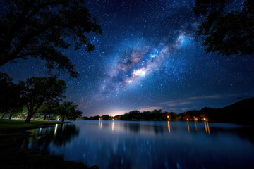Night sky filled with stars reflecting on calm lake