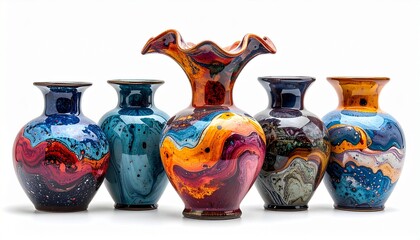 Colorful ceramic vase with swirling floral and abstract patterns in blue, orange, red, and black with glossy finish for editorial art photography decorative design and poetic craftsmanship-themed visu