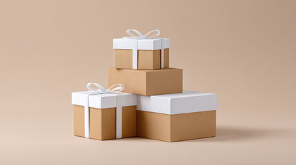 Stack of brown gift box with white lid and ribbon. minimal present for celebration or surprise on beige background. Simple, elegant design for any holiday or birthday