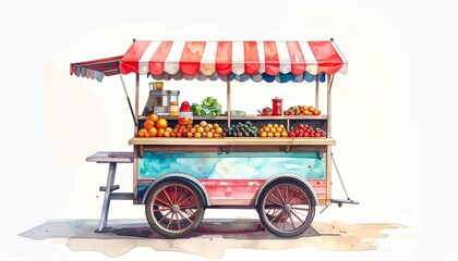 Colorful food cart with red-and-yellow striped canopy, painted fruit designs, and fresh produce on cobblestone street in lively market scene for editorial travel photography cultural decor and poetic 