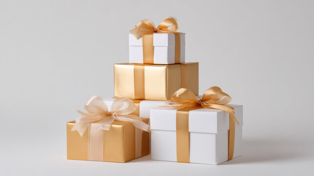 Beautiful stack of gold and white gift present boxes with ribbon for holiday celebration, lovely surprise filled with excitement and joy for any special occasion