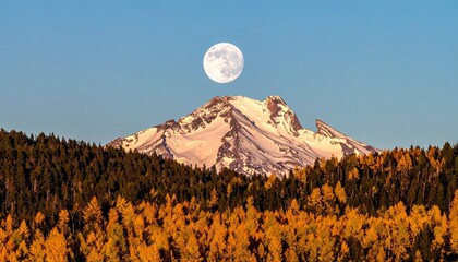 Snow-capped mountain with full moon above peak, surrounded by autumn forest in vibrant orange and yellow under clear blue sky for editorial nature photography seasonal decor and poetic alignment-theme