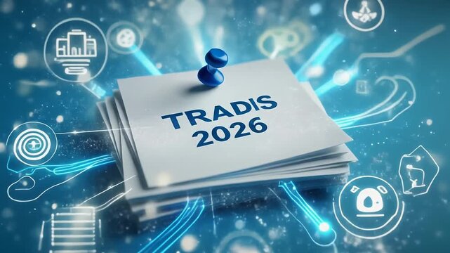 Futuristic digital network connecting abstract icons and data streams to a stack of papers labeled T R A D I S 2026 with a blue pushpin symbolizing innovation and