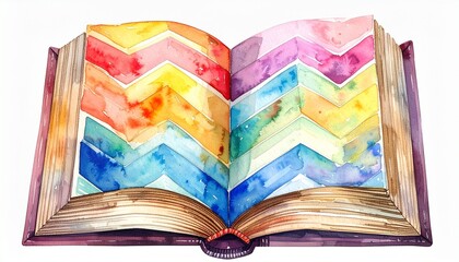 Open book with chevron-patterned watercolor pages in rainbow hues and maroon cover on light background for editorial art photography creative decor and poetic imagination-themed visuals