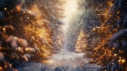 Magical forest with christmas trees and glowing lights