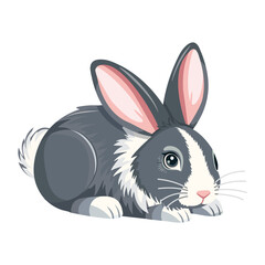Cute gray and white rabbit hiding behind green fern leaves on a white background. Realistic character, perfect for wildlife, forest, and spring themes. Vector illustration in flat cartoon style