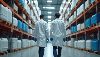 Two men in white lab coats, blue gloves walk through large industrial warehouse. Inspecting rows of tall shelves filled with white, blue chemical containers, product stock. Pro workers monitor