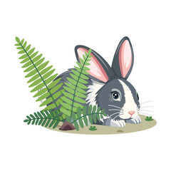 Cute gray and white rabbit hiding behind green fern leaves on a white background. Realistic character, perfect for wildlife, forest, and spring themes. Vector illustration in flat cartoon style