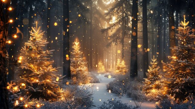 Magical forest with christmas trees and glowing lights