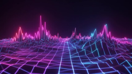Neon wireframe landscape pulsating sound waves digital mountain range abstract data visualization retro wave aesthetic glowing grid path futuristic synthwave backdrop - Powered by Adobe