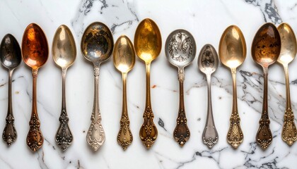 Collection of seven vintage spoons with varied designs and finishes arranged on white marble surface with gray veining for editorial culinary photography antique decor and poetic heritage-themed visua