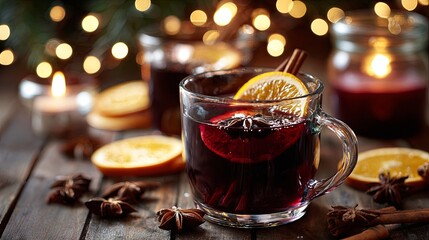 New Year's mulled wine with spices on a New Year's background