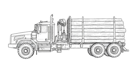 Black and white line art of a heavyduty logging truck with a crane fully loaded with timber logs shown in a side profile view.