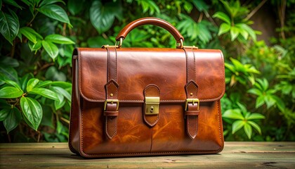 Brown leather briefcase with gold-toned buckles, central lock, and polished finish placed on wooden surface with green foliage background for editorial business photography professional accessory deco