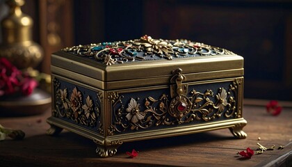 Ornate white jewelry box with gold accents, floral bouquet lid, embossed sides, and keyhole placed on wooden surface with scattered petals for editorial luxury photography sentimental decor and poetic