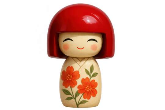 Kokeshi doll with red hair and floral dress smiling, representing japanese culture, tradition, and craftsmanship